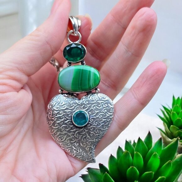 Emerald ✦ Green Lace Agate ✦ Swiss Blue Topaz Heart Pendant 925 Sterling NWT - Picture 6 of 16
